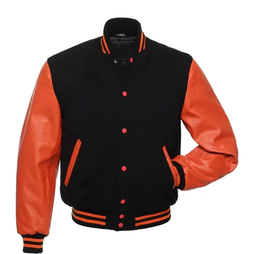 black wool and orange leather sleeves varsity jacket 123 1 black wool and orange leather sleeves varsity jacket