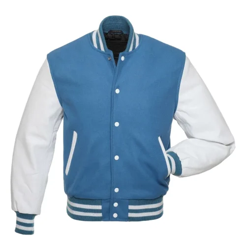 blue wool and white leather sleeves varsity jacket