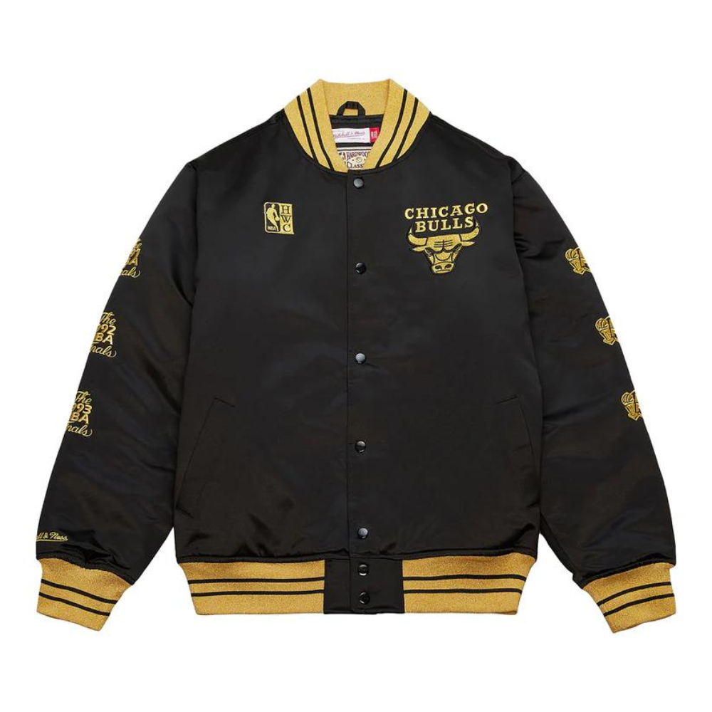 Mitchell & Ness – Giacca Leggera In Raso Dei Chicago Bulls | Nero | Anorak Stile Vintage | 98% Poliestere