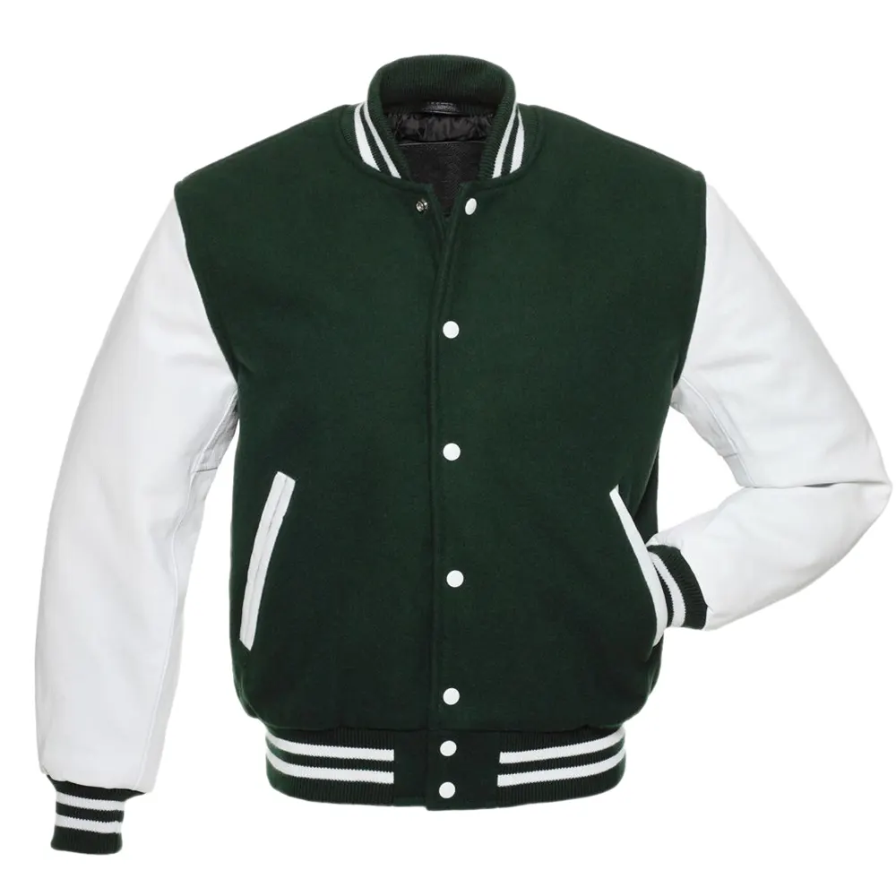green wool and white leather sleeves varsity jacket 0 2 green wool and white leather sleeves varsity jacket