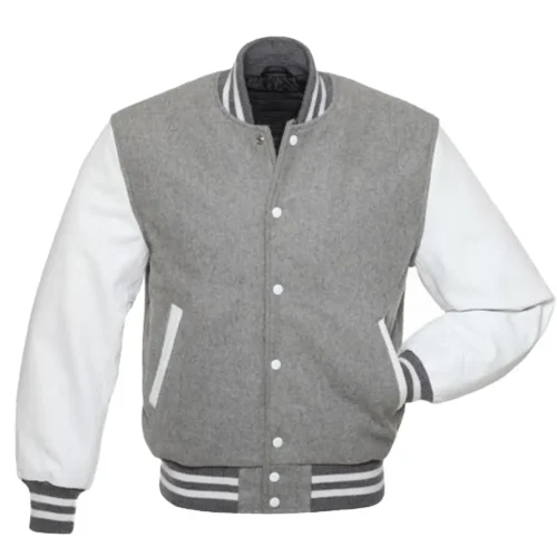 grey wool and white leather sleeves varsity jacket 123 2 grey wool and white leather sleeves varsity jacket