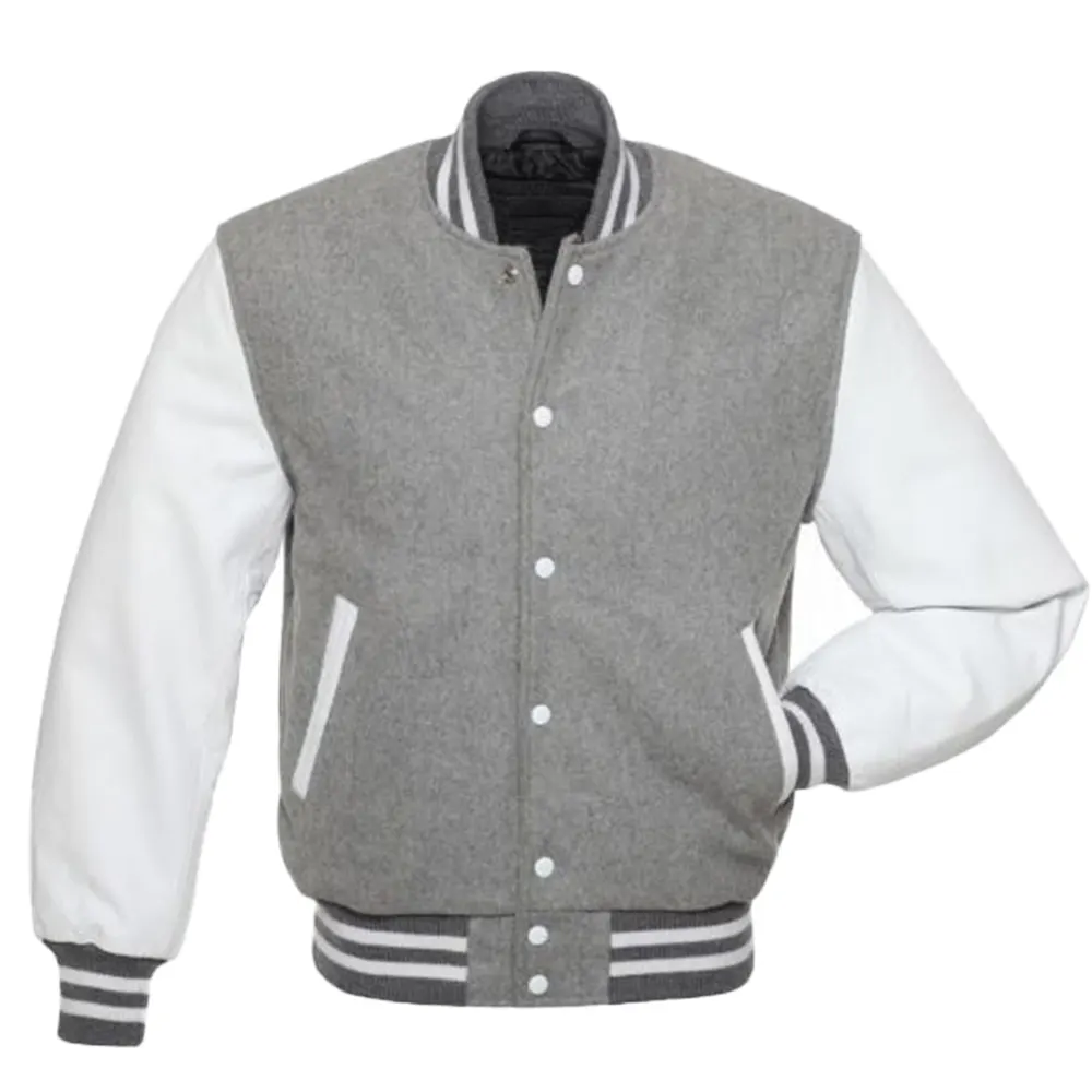 grey wool and white leather sleeves varsity jacket 123 2 grey wool and white leather sleeves varsity jacket