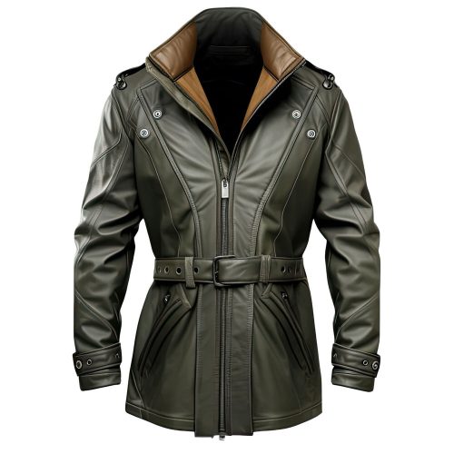 men’s army green sheepskin biker leather coat