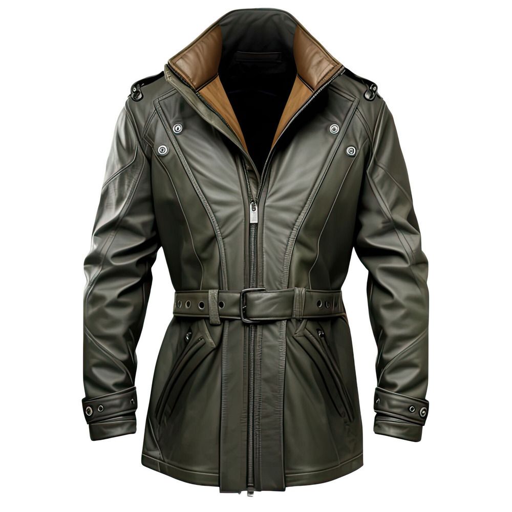 mens army green sheepskin biker leather coat 1 men’s army green sheepskin biker leather coat