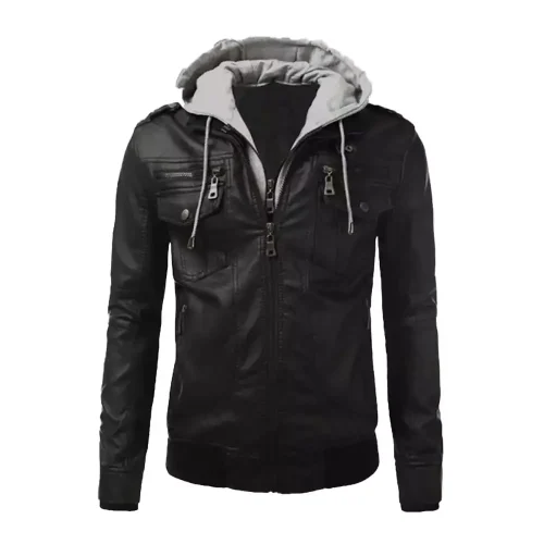 mens black leather hood jacket 1 mens black leather hood jacket