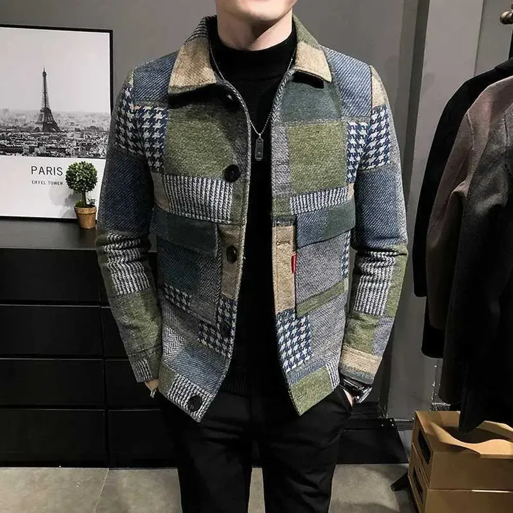 mens plaid pattern shirt style collar woolen jacket Men’s Plaid Pattern Shirt Style Collar Woolen Jacket