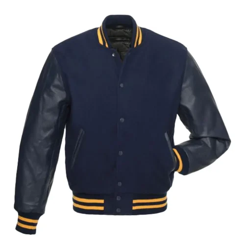 navy blue wool and leather sleeves varsity jacket