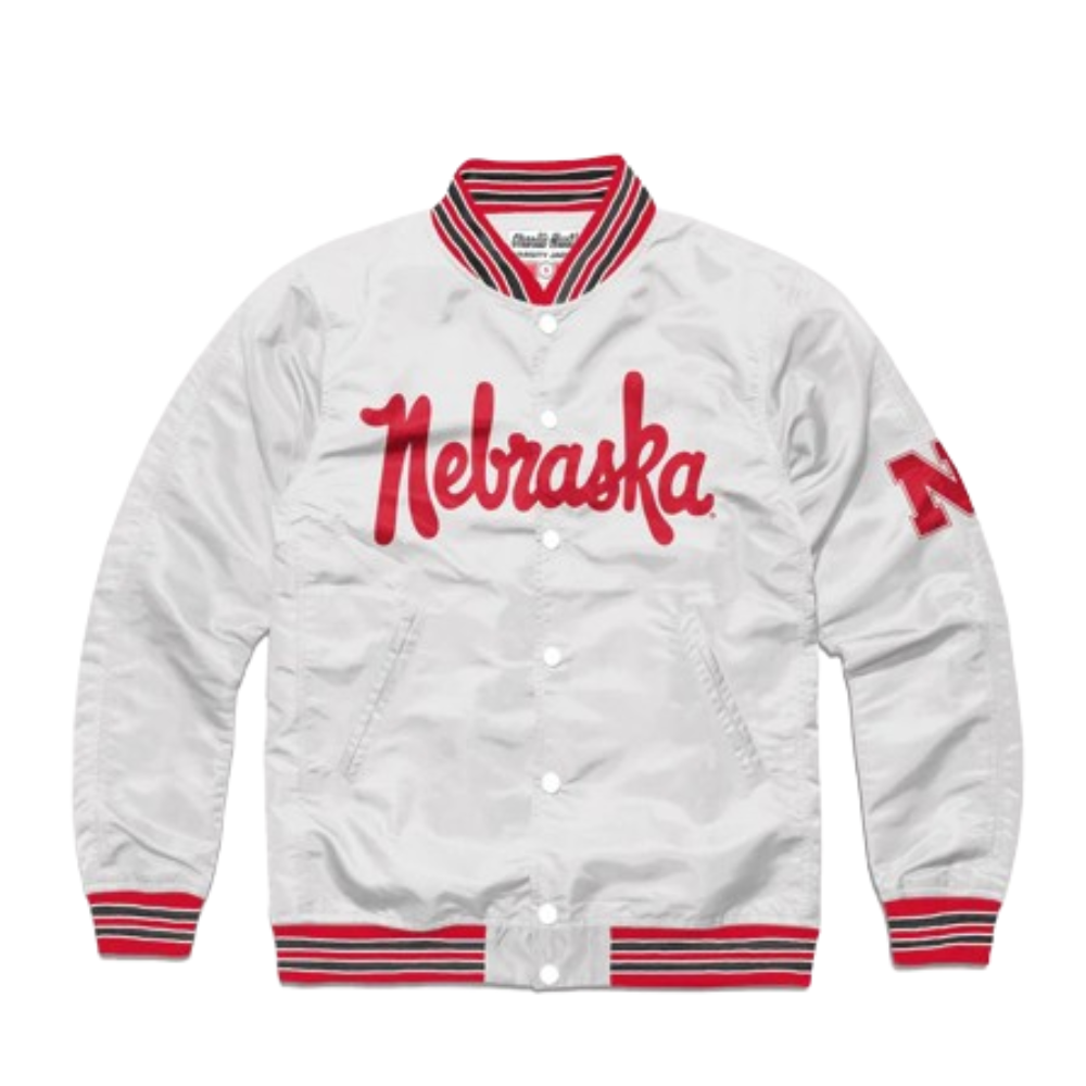 nebraska white satin varsity jacket 1 nebraska white satin varsity jacket
