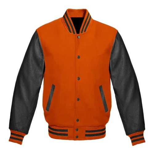 orange wool and black leather sleeves varsity jacket