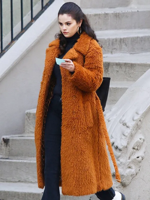 selena gomez only murders in the building mabel brown long fur coat Selena Gomez Only Murders In The Building Fur Brown Coat