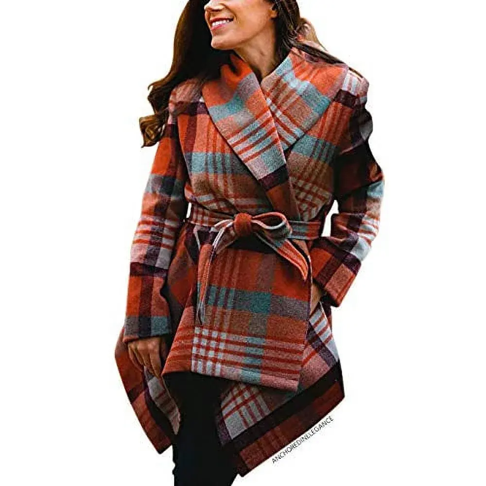 womens coral plaid pattern wool blended rabato coat Women’s Coral Plaid Pattern Wool Rabato Coat